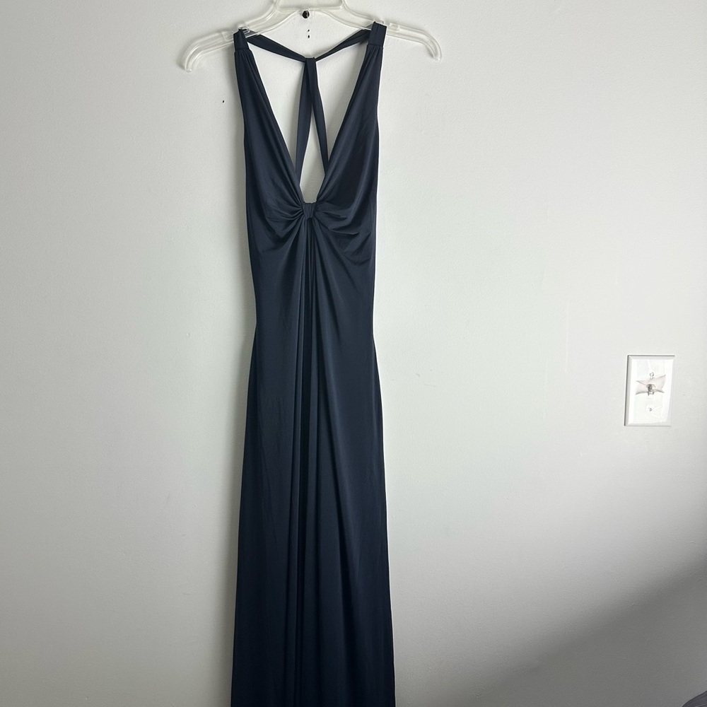 Laundry by design Navy Blue Halter Tie Front Maxi Long Gown Stretchy Size 8